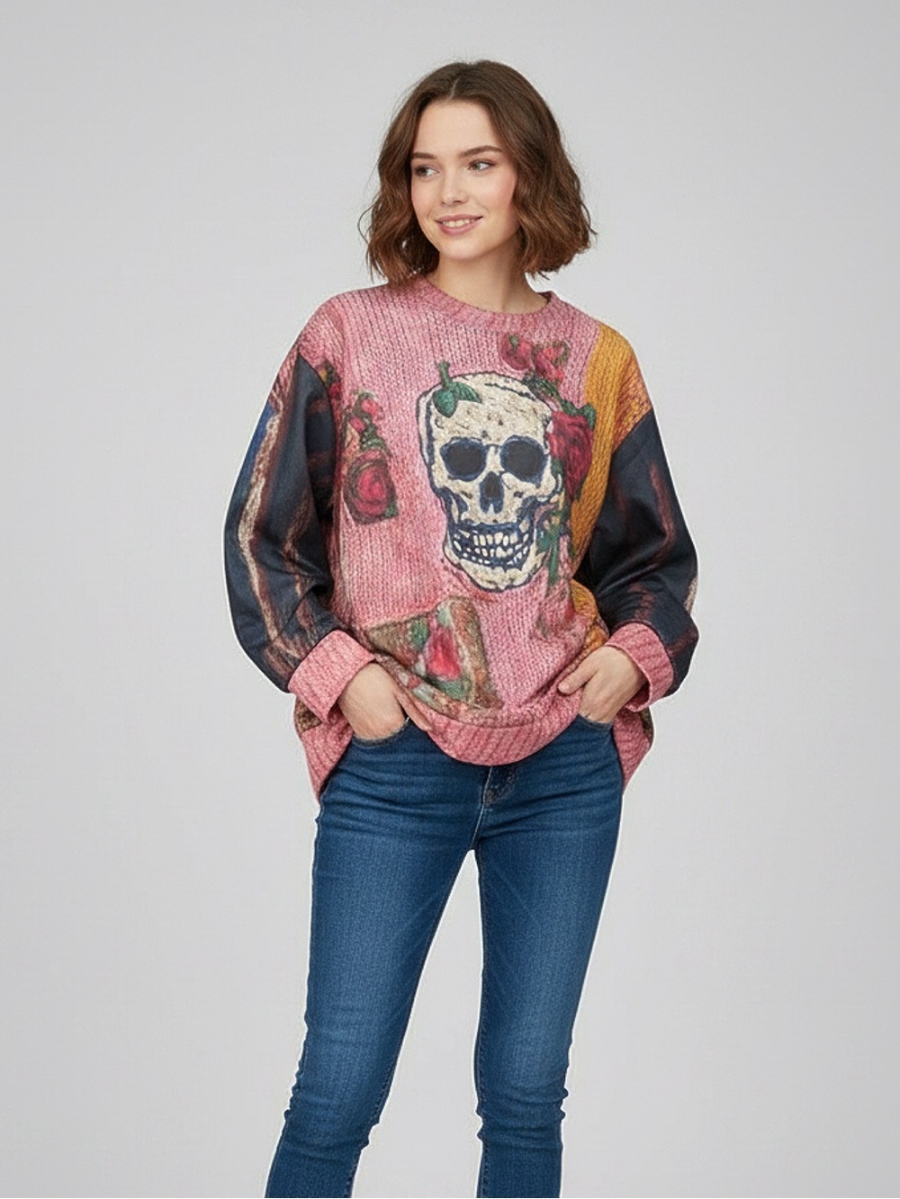 Skull and Roses Sweater look SweatShirt NWOT(runs sm.) 27"p2p. 28" length - Picture 2 of 3